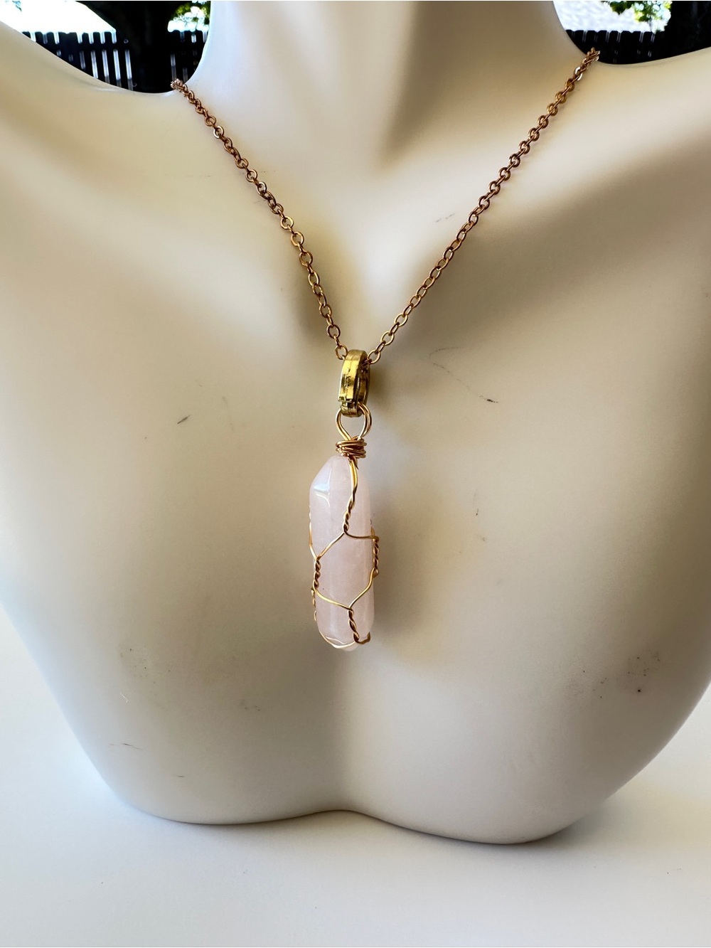 Rose Quartz Pendant Necklace in Gold-Tone Wire
